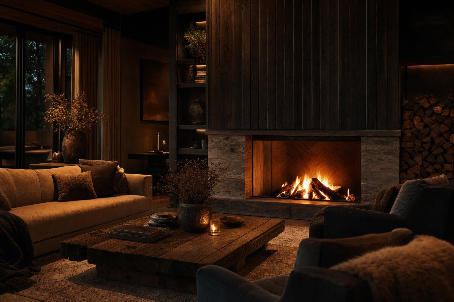 A cosy living room with a warm fireplace glowing in the evening