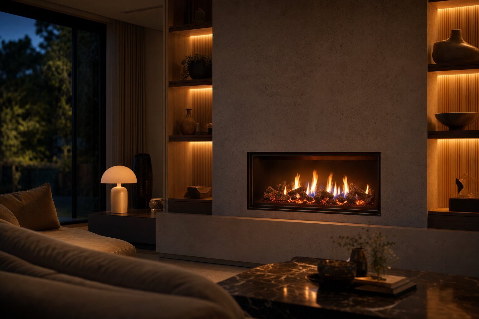 A contemporary living-flame gas fire glowing in an elegant living room
