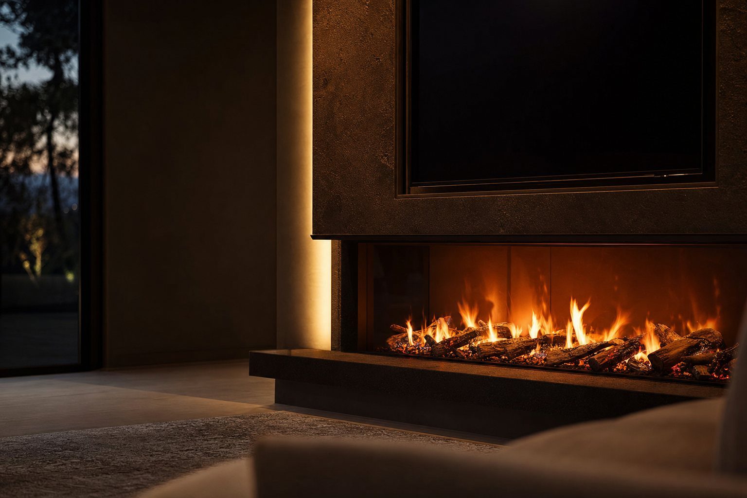 A bespoke media wall with a built-in fire installed by EmberCraft, serving Whitstable, Kent