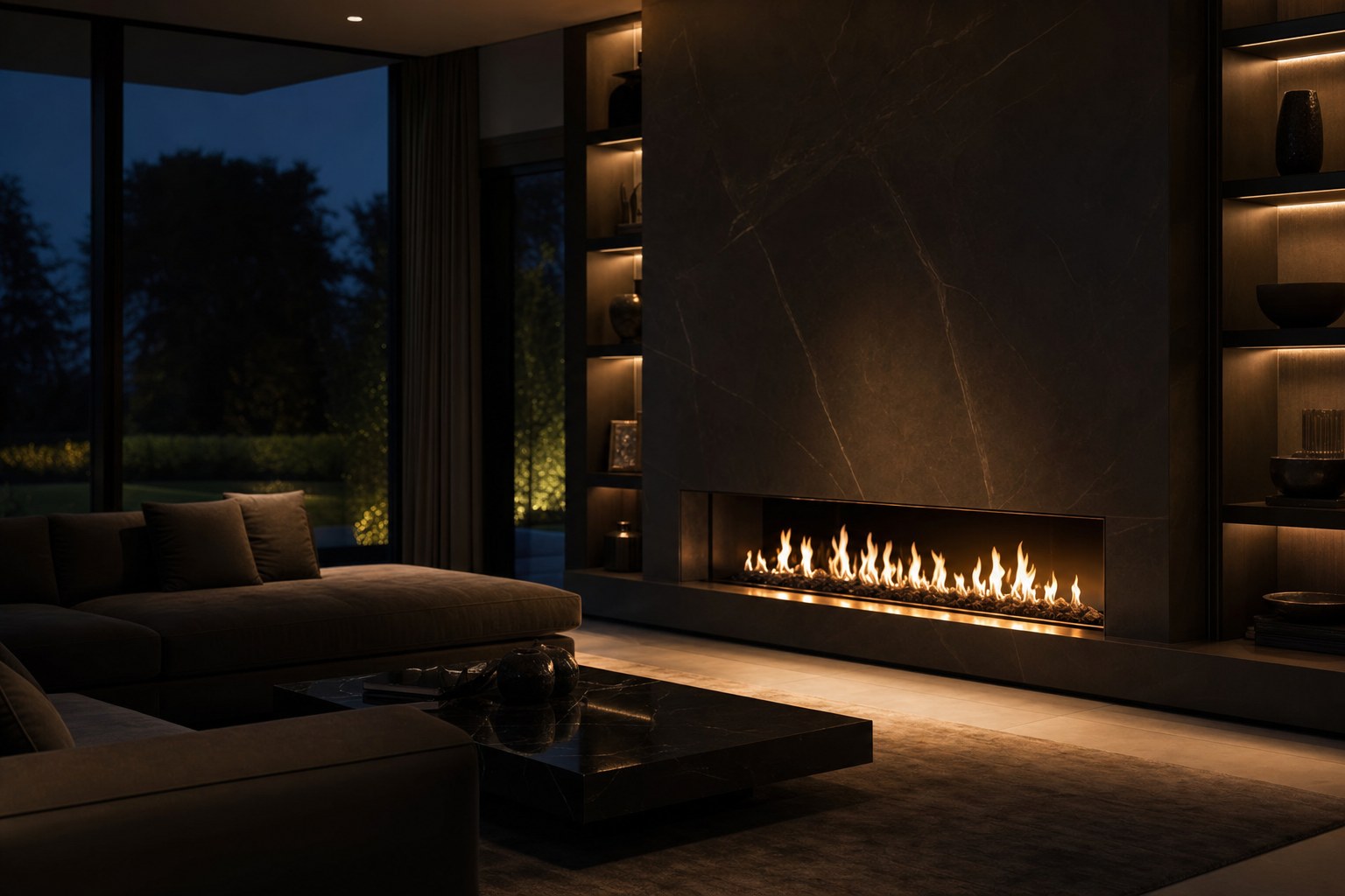A contemporary living room at dusk centred on a wide linear gas fire