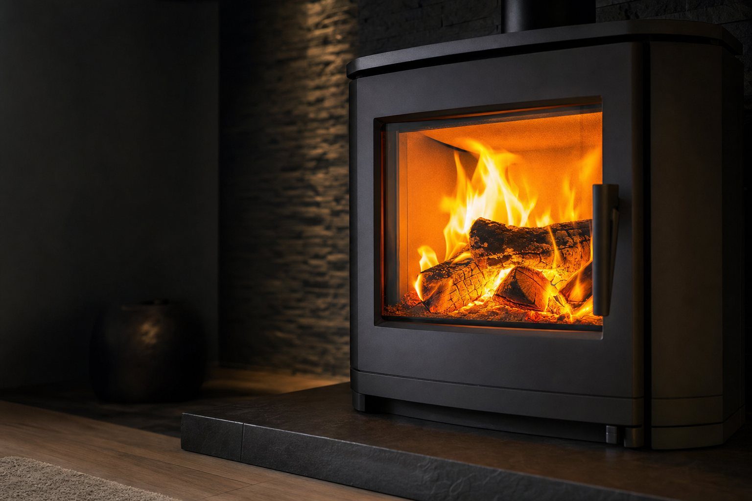 A contemporary wood-burning stove with vivid living flames, set on a slate hearth against a textured stone feature wall
